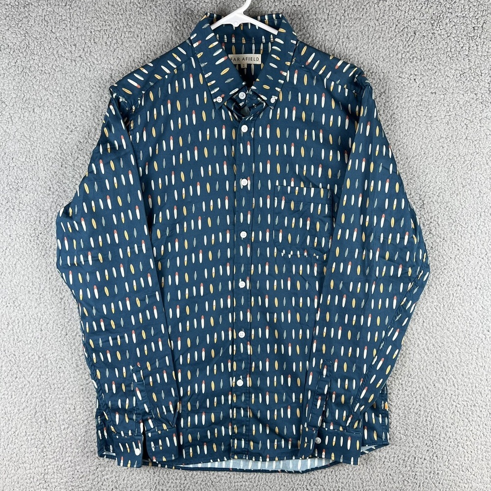 FAR AFIELD Shirt Mens size 2 Medium Blue Surfboard Allover Print L/S Button Down